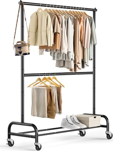 MISSLO Portant à vêtements robuste pour suspendre les vêtements à double tringle à vêtements à roulettes en métal réglable noir