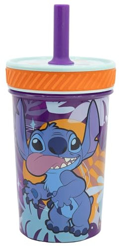 Vaso de plástico antivuelco con Pajita de Silicona de Stitch