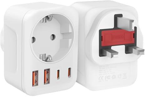 Clomnpe 2x Adattatore Presa Inglese, 5 in 1 Adattatore UK da Viaggio, Adattatore Inglese a Spina Italiana con 4 USB, Adattatore Spina Inglese per UK, Irlanda, Scozia, Maldive, Qatar, presa tipo g