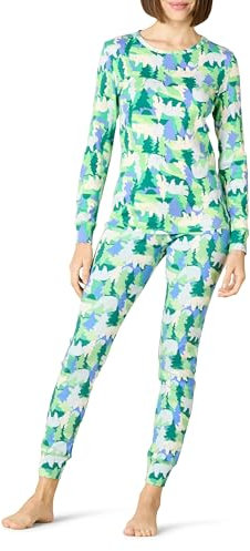 Amazon Essentials Pigiama in Cotone dalla vestibilità Comoda (Disponibile in Taglie Forti) Donna, Avorio Mimetica con Orso Festivo/Verde Smeraldo, L