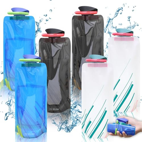 LMYEVYD 6 Stück Faltbare Wasserflaschen, 700ml Faltbare Trinkflasche, Wiederverwendbare Wassersack mit Karabinerhaken, Trinkflaschen set mit Schraubverschluss für Wandern, Abenteuer, Reisen, Fitness