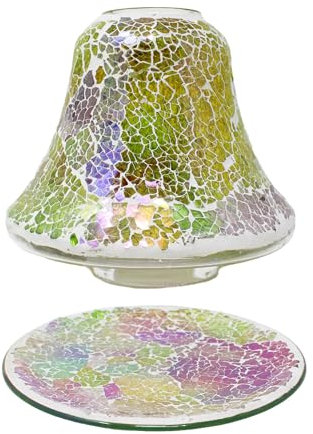 Aroma Jar Candle Shade with Tray Plate Set Glass Mosaic Yellow Rainbow Crackle