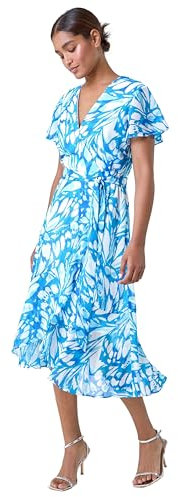 Roman Frill Dress for Women UK Ladies Summer Wrap Chiffon Frill Hem Layered Belted Midi Maxi Tiered Cape Special Occasion Fit & Flare Wedding Guest Swing Skater Blue White