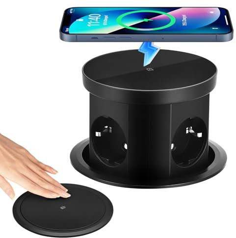 Versenkbare Steckdose, Versenkte Steckdose 4 Fach mit 1 USB C 1 USB-A,Einbausteckdose Versenkbare Tischsteckdose Schwarz mit 15W Kabellosem Ladegerät für Büro Küche