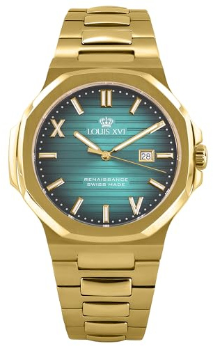 LOUIS XVI Renaissance 1601 - Ø 40 mm - Herren Uhr - Wasserdicht - Uhr mit Saphirglas - Armband Gold - Zifferblatt Türkis - Schweizer Quarzwerk