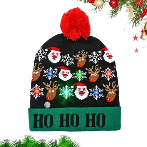 Weihnachtsmützen,LED-Weihnachtsmütze,Weihnachtsmütze Kinder,Leuchtend Weihnachtsmützen,Weihnachtsmützens Einheitsgröße für Erwachsene und Kinder,Strickmütze Geschenke für Weihnachts(Weihnachtsman Elch