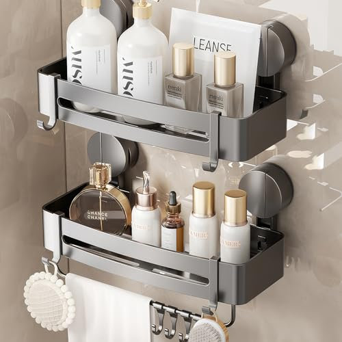 AIWMQYYF Suction Cup Shower Shelf, 2 Pack Shower Caddy, Adhesive Shower Shelf with Hooks, No Drill Bathroom Shelf Removable Shower Storage Rack