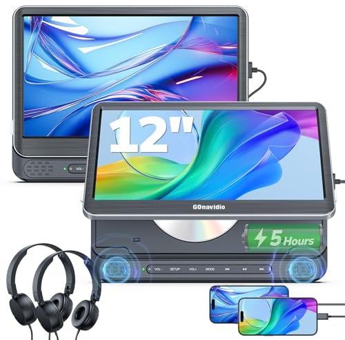 GOnavidio 12 HDMI Double Lecteur DVD Voiture indépendant, Lecteur DVD Portable avec 5 Heures Batterie,ecrans Voiture supporte la Carte USB/TF, MKV/MP4,Regarder des Films identiques/différents