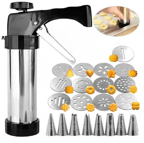 Rixotix Gebäckpresse, Kekspresse, Edelstahl Spritzgebäck Presse mit 13 Schablonen Und 8 Tüllen, Backspritze, Gebäckspritze Edelstahl, Kartoffelpresse, Spritzgebäck Maschine