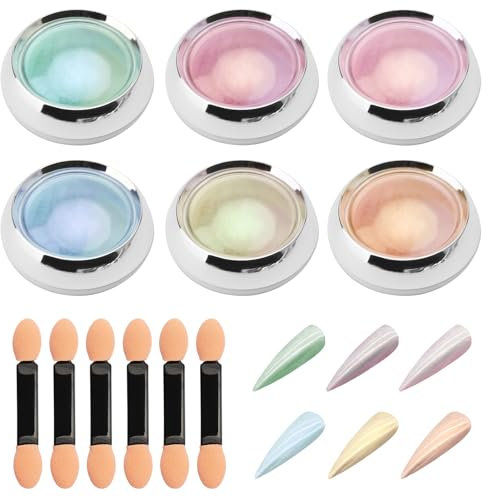 Chrome Nail Powder Pearl Effect Cromepulver Nägel 6 Farbe Glazed Donut Nail Powder Perlmutt Schimmer Glassy Pearl Metallic Effekt Nagelpuder Adatto Per la Nail Art Con Smalto Gel