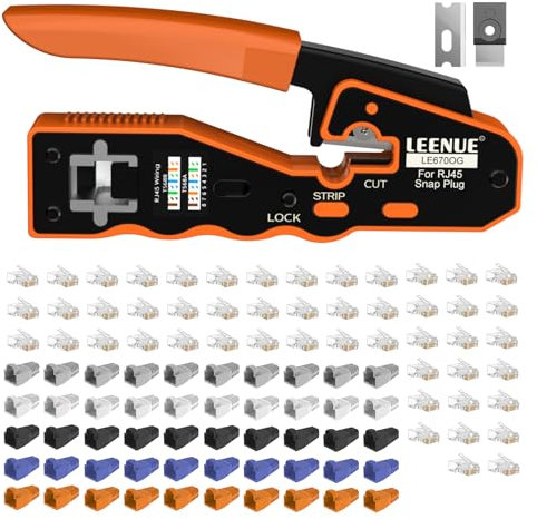 LEENUE RJ45 Crimp Tool Kit, Pass Through Cat5 Cat5e Cat6 Cat7 Ethernet Crimping Tool, Support Cutting, Stripping, Crimping 3-in-1 RJ45 Connectors with 50Pcs Covers and 50Pcs Connectors