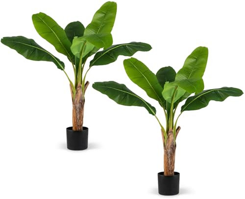 COSTWAY Lot de 2 Arbres Artificiels Oiseau de Paradis de 107 cm, Fausses Plantes à Feuilles de Bananier avec Pot Branches Réglables, Décorations Plantes pour Maison Porche