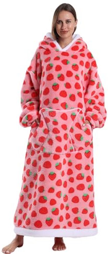 Gegeryozer Ultra Weiche Hoodie Decke mit Ärmeln Warme Flanell Decke zum Anziehen für Zuhause Sofa und Bett, Kuscheldecke mit Kapuze (Erdbeere)