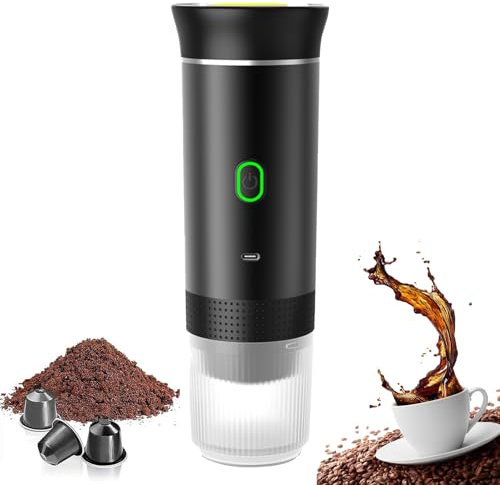 ELIKBH Machine à café portable 12V pour le camping, rechargeable, 3-en-1 pour le voyage, le camping et la voiture, chauffage rapide, compatible avec les capsules K-Cup et le café moulu, noir