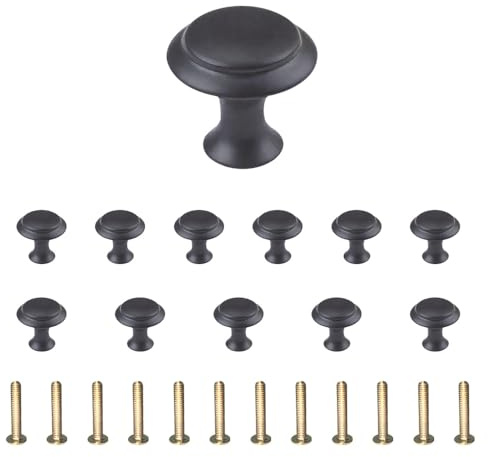 ZSUIQIN 12 Pièces Bouton de Porte Noir Mat, pour Cuisine & Salle de Bain | Acier Inoxydable, Résistant Et Durable, étanche Et Antirouille, Forme Ronde, 27 x 21 mm, pour Armoires & Placards (Noir)