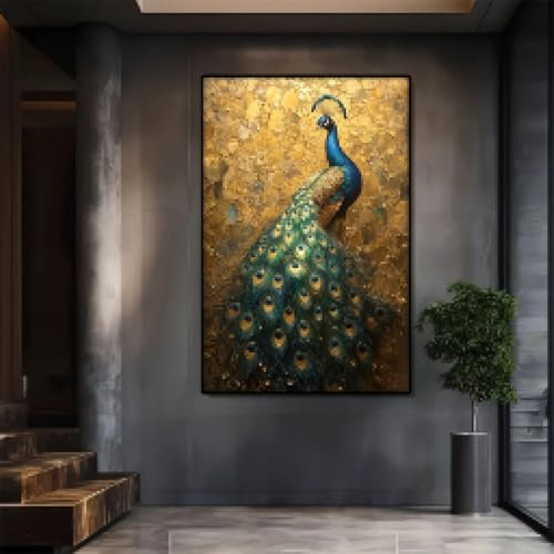 BMGKYAGL Pfau, leuchtend blaue und grüne Federn auf goldenem, großem Wandbild, Heimdekoration, Leinwandbild, Wanddekoration, 20 x 30 cm, Rahmen