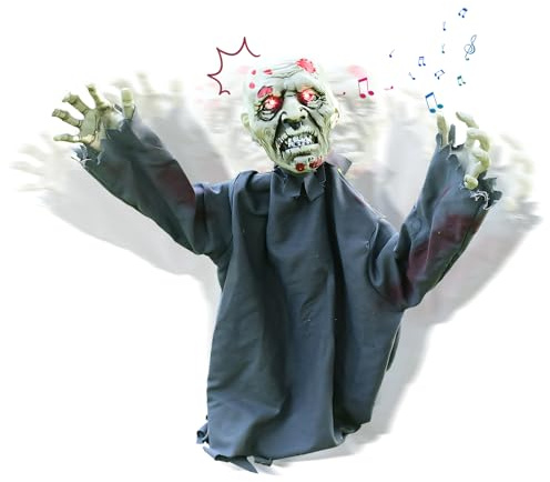 Halloween Animatronic Zombie mit Sound & LED-Augen, Schwingender Halloween Deko Garten Zombies, Gruselig Helloween Deko Geister, Horror Halloweendeko Garten Geist, für Garten Rasen (A)