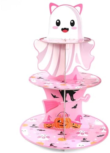 Alzata per Torta di Halloween, Torre Cupcake in Cartone Rosa a 3 Livelli Vassoio Dessert a Forma Fantasma per Feste di Halloween Tema Strega Compleanno Baby Shower