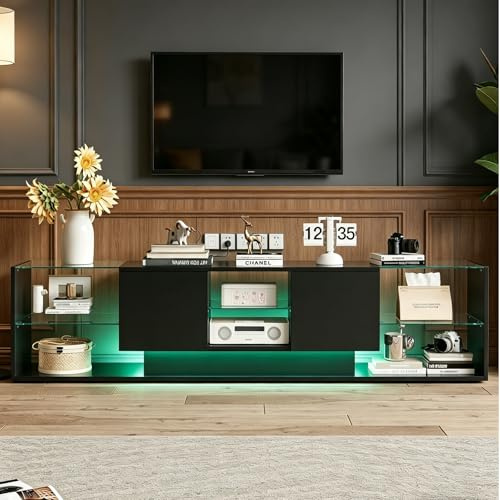 JiaOyu Mueble de TV con luces LED para televisores de hasta 85 pulgadas, moderno y brillante, con espacio de almacenamiento y estantes de cristal abiertos, para salón, dormitorio, color negro