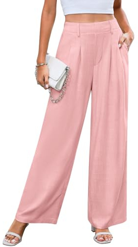 CMTOP Pantaloni Lino Donna Estivi Pantaloni a Gamba Larga Dritta Pantaloni Casual a Vita Alta Pantaloni Casual Spiaggia con Tasca (Rosa, S)