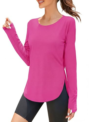 Rapbin Sportshirt Damen Langarm, UPF 50+ Basic Leichtes Atmungsaktiv Trocken Funktions Sport Oberteile Damen Rundhals Sportshirt Damen Locker für Fitness Laufshirt Yoga Purpurrot XXL