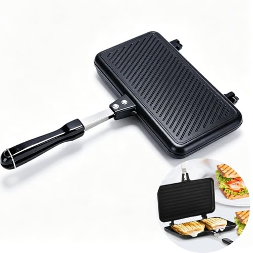 Doppelseitige Sandwich Maker Bratpfanne, Sandwichmaker Camping Doppelseitige Bratpfanne, Antihaft Aluminium Schwarz, Toastpfanne für Gasherd Camping und Frühstück