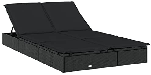 Mhdvray Chaise Longue 2 Places avec Coussins Noir résine tressée, Bain de Soleil Double pour Jardin et Piscine, lit de Repos extérieur réglable en Acier Robuste, 201 x 110 cm