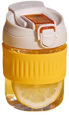 Bbajszx Tasse à café en verre borosilicaté avec couvercle, Yellow 0.35L | Couvercle étanche adapté bureaux ou à la salle de sport, manchon en silicone et prise confortable