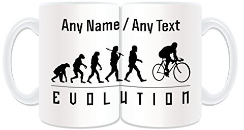 Personalised Gift - LARGE Cycling Mug (Evolution Wrapped Design White) Any Name Message on Unique - Team Player Outline Olympic Game Sport Bicycle Touring Racing Riding Bike Cyclist Road Biking Biker