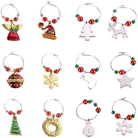 COSORO 12Pcs Multi Colour Xmas Wine Charms, Music Characters Wine Glass Markers - Handmade Iron Charms for Christmas Party & Decorations