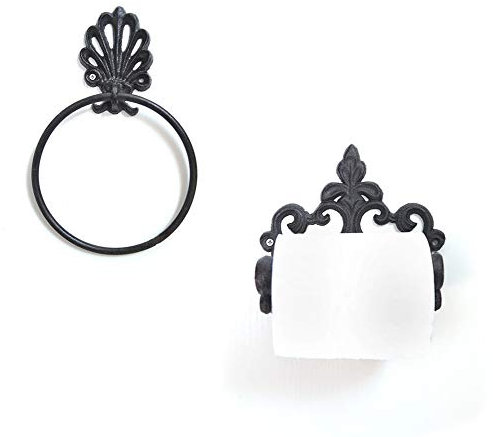 TentHome Antik Bad Accessoires Set Gusseisen WC Zubehör Toilettenpapierhalter Handtuchring Rustikal Bad Wand Montiert Papierhalter+Handtuchhalter Set