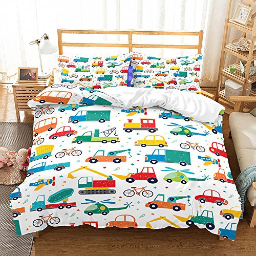 Treer Bettwäsche 3 Teilig, 3D Bedding Bedrucktes Mikrofaser mit Reißverschluss Bettbezug und Kopfkissenbezüge Bequem Weich Haltbar Bettwäsche-Set (135x200cm,Auto)