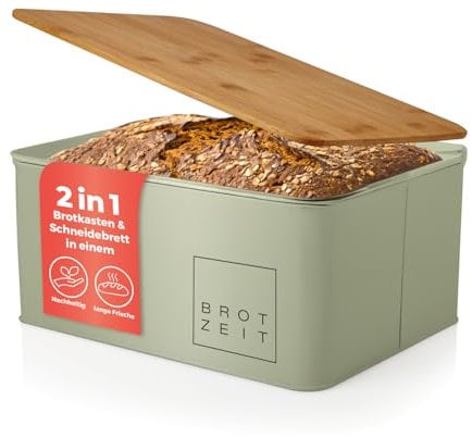 Lumaland Panera Vintage en Metal con Tapa en Bambú - Recipiente para Guardar el Pan con Tabla De Cortar - Caja de Almacenamiento para Cocina - Rectangular/Verde Menta