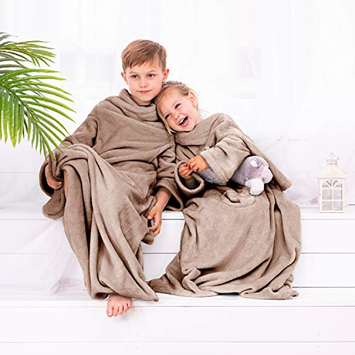 DecoKing Kinder Kuscheldecke mit Ärmeln 90x105 cm beige Microfaser TV Decke weich Fleecedecke Kiddo