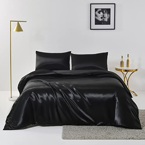 Chanyuan Bettwäsche Set Glatt Satin 135x200 4teilig Schwarz Einfarbig Bettbezüge mit Reißverschluss 100% Angenehm Glanzsatin Polyester - 2 Bettbezüge 135 x 200 und 2 Kissenbezüge 80x80 cm