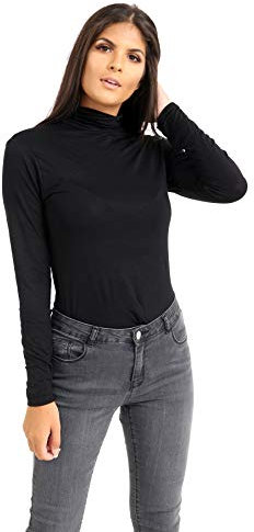 janisramone Womens Ladies Long Sleeve Turtle Polo Neck T-Shirt Slim Fit Jersey Casual Basic Plain Tee Vest Top Black