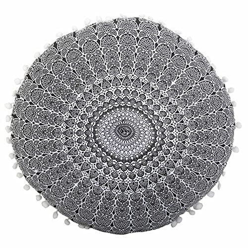Casa Moro Indisches Yogakissen Mandala Saira Schwarz Weiß mit Füllung Ø 55cm x Höhe 12cm rund aus Baumwolle | Orientalisches Sitzkissen Zierkissen | MA4506