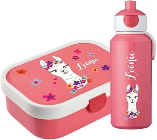 4youDesign Mepal Bento Box und Trinkflasche Set personalisiert Lama Alpaka pink – Geschenk für Kinder Weihnachten, Nikolaus, Geburtstag - Auslaufsicher – Brotdose 750ml, 400ml Flasche