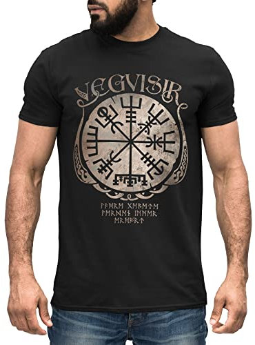 Neverless® Herren T-Shirt Vegvisir Runenkompass nordischer Kompass Wikinger Nordmänner Mythologie schwarz-Gold L