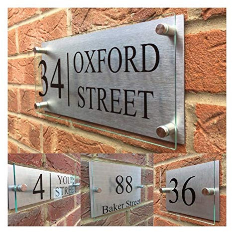 Placas de dirección de número de casa de acrílico transparente personalizado número de casa letreros de casa placas de puerta placas con panel de respaldo de aluminio plateado 985 (tamaño: 14 cm-30