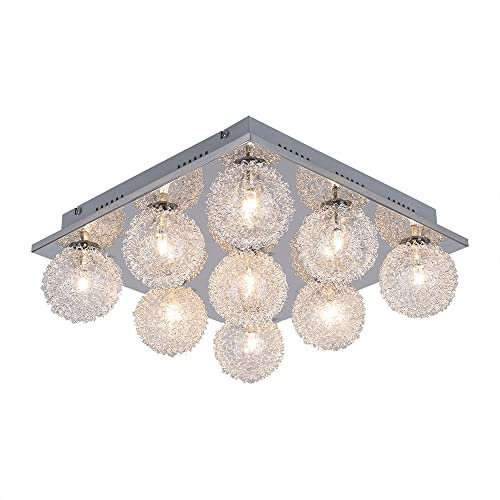 etc-shop Deckenleuchte Glaskugeln 9 Flammig Wohnzimmer Deckenlampe Glas, Aluminium chrom, Fassung 9x G4 warmweiß, LxBxH 37x37x15 cm