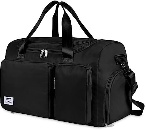 WT Faltbare Reisetasche Sporttasche, 35L Gepäcktasche Große Weekender Urlaubstasche Trainingstasche Handtasche Wasserdicht Sauna Gym Shopping Bag für Herren Damen mit Gepäckanhänger (Schwarz)