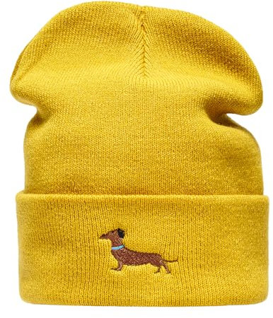 Baddery Strickmütze Herren & Damen : Dackel - Geschenk für Hundebesitzer Jäger Geschenke - Beanie Männer Mütze Gassi (Senfgelb)