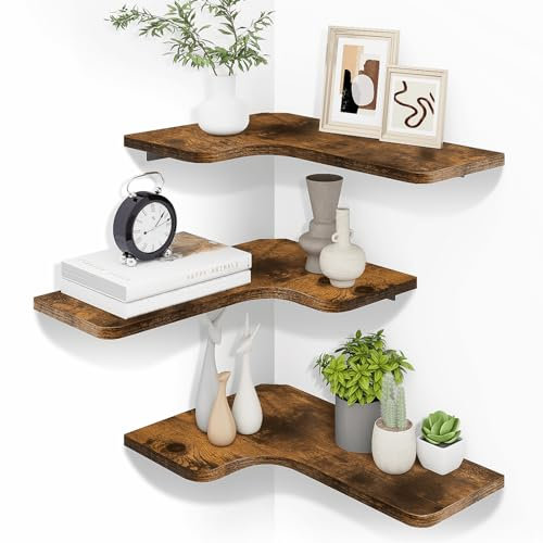 Homode Eckregale Schweberegale, Eckregale Wandmontage mit Kordelloch, 3er Set L-Form Holz Wand Lagerregale für Wohnzimmer Schlafzimmer Badezimmer Küche, Rustikales Braun