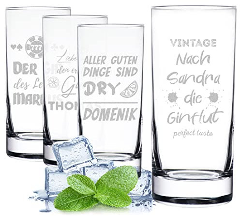 Juego de 4 vasos de ginebra con grabado personalizado, 485 ml, vaso de agua con nombre, para Gin Tonic, regalo de cumpleaños, regalo de cumpleaños y Navidad, hombres y mujeres