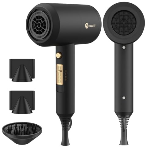 slopehill Professional Ionic Hair Dryer, Powerful 1800W Fast Drying Low Noise Blow Dryer with 2 Concentrator Nozzle 1 Diffuser Attachments for Home Salon Travel (Black)