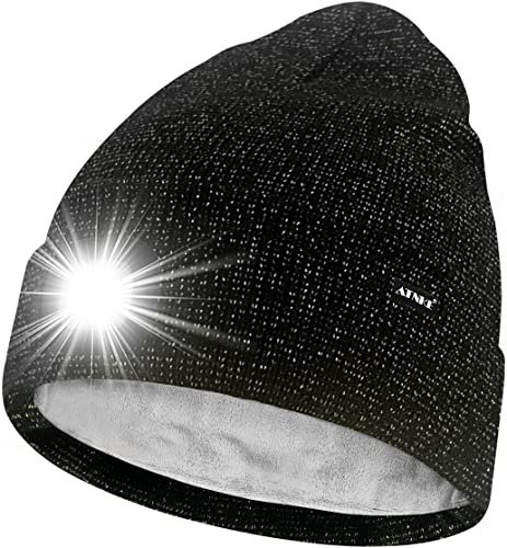 ATNKE LED Mütze mit Licht,Wiederaufladbare USB 4 LED Beleuchtete Laufmütze Extrem Heller Lampe Winter Warme Gefüttertes Fleece Stricken Mütze für Herren und Damen Geschenke/Black Goldwire