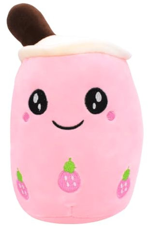 Bubble Tea Plush 25cm Strawberry Ice Cream Kawaii Boba Plush Soft Pillow Stuffed Toy Soft Lifelike Bubble Pearl Milk Tea Cup Shaped Hugging Cushion Children's Toy Birthday Gift