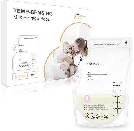 Breast Milk Storage Bag, 40PCS Milk Storage Bags Breastfeeding 180ML w/Pour Spout for Freezer, Milk Catchers w/Temperature Sensing Feature, Ready-to-Use,Self-Standing, BPA Free