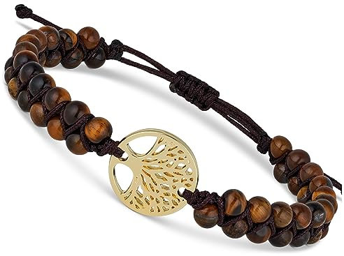 BENAVA Damen Yoga Armband Hämatit Edelstein Perlen mit Lebensbaum Anhänger Braun | Edelstein Armband Meditation | 16-24 cm